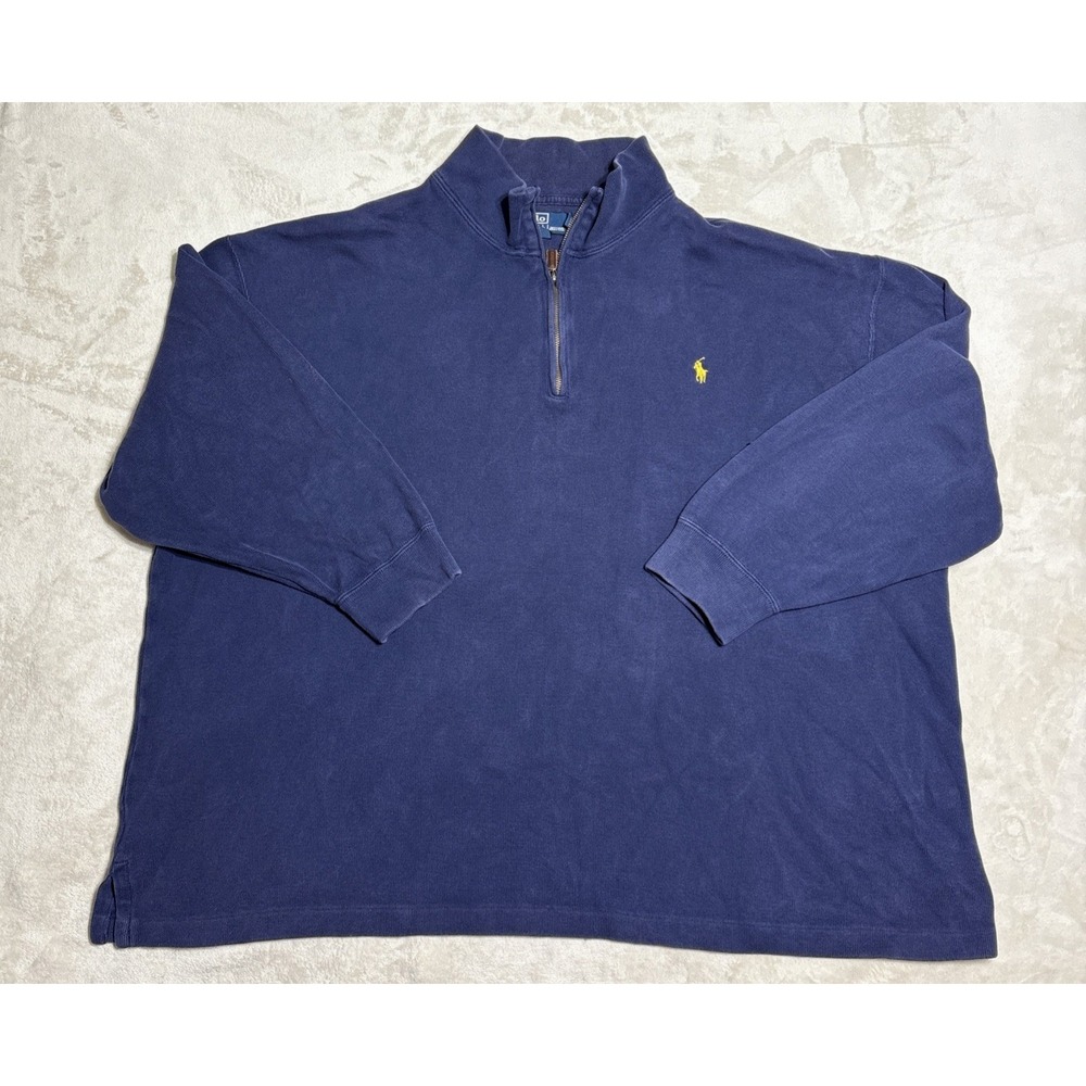 VTG Polo Ralph Lauren Sweater Mens Size 2XL Big Blue 1/4 Zip Yellow Logo Pony
